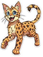 Sticker - A cute cartoon cheetah with big blue eyes walking.