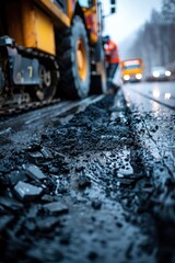 Wall Mural - Road Construction with Heavy Machinery and Workers on a Wet, Foggy Day with Blurred Background