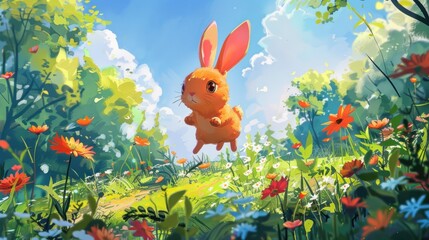 Wall Mural - A cute cartoon rabbit jumps through a field of colorful flowers and green leaves under a blue sky.