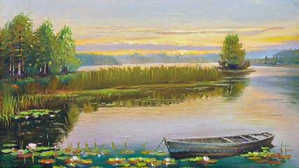 Wall Mural - Sunset River with a Boat.