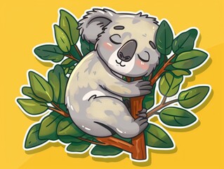 Sticker - Cute cartoon koala sleeping on a branch.