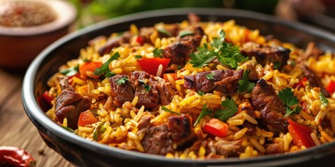 Poster - Delicious rice pilaf with savory meats fresh vegetables and aromatic spices