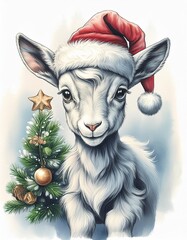 Poster - Christmas goat with a christmas hat and gifts in watercolor 