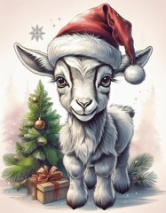 Wall Mural - Christmas goat with a christmas tree on a neutral white background 