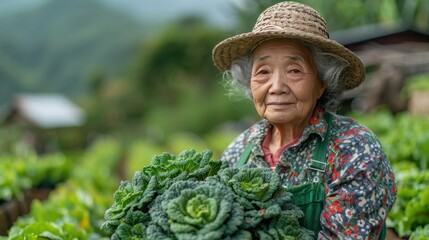 Wall Mural - Elderly Woman in a Garden Holding Cabbage