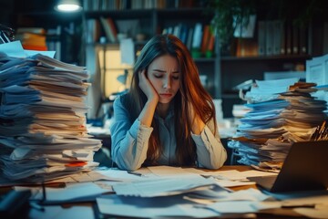 tired businesswoman sitting at her desk surrounded by piles of paperwork