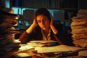 tired businesswoman sitting at her desk surrounded by piles of paperwork