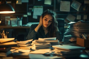 tired businesswoman sitting at her desk surrounded by piles of paperwork