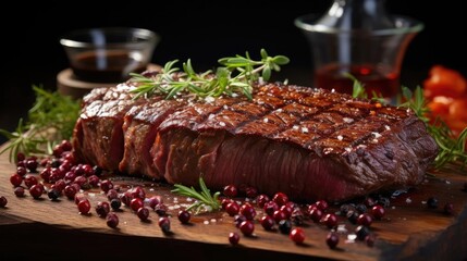 Wall Mural - A slice of steak is placed on a wooden board with toppings. The bowl and the table are black, creating a stark contrast against the red meat.