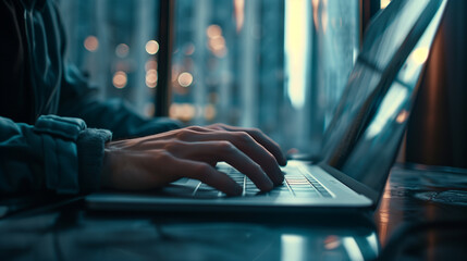 Wall Mural - Person typing on a laptop in a modern office environment with warm lighting