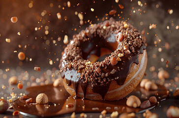 donut with chocolate glaze and nuts dripping in liquid chocolate