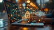 © nirabs_creative - A person is typing on a laptop with a glowing lock symbol on the screen. Concept of security and protection, as the person is working on something important or confidential