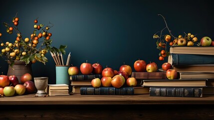 Wall Mural - An elegant still-life arrangement with a wooden table holding an assortment of fruits, books, a vase, and decorative items.