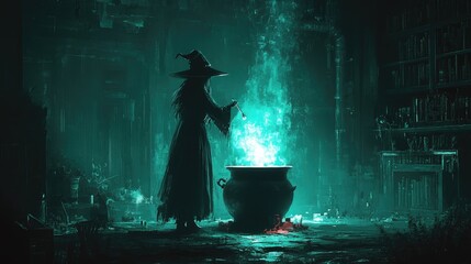 Wall Mural - Mysterious Witch Stirring Glowing Cauldron in Dark Enchanted Library