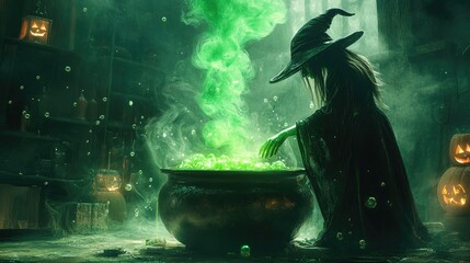 ** Mysterious Witch Brewing Potion in Cauldron with Green Smoke in Spooky Halloween Setting