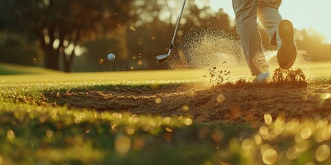 Poster - Pro golfer hitting golf ball out of sand trap towards camera on green fairway