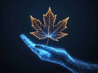 Canvas Print - Abstract glowing blue giving hand with maple leaf. Hello autumn concept Wireframe light connection structure