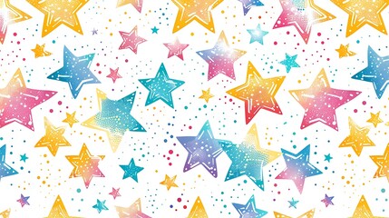 Wall Mural - A colorful star pattern with a white background. The stars are in various colors and sizes, and they are scattered throughout the image. Scene is cheerful and playful, as the bright colors