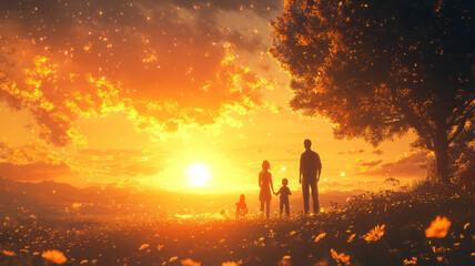 Poster - lovely detailed render, a family is watching a beautiful sunrise, warm colours, childrens book illustration.generative ai