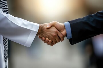 An Arab person shaking hands with a businessman, one color background , copy space with generative ai