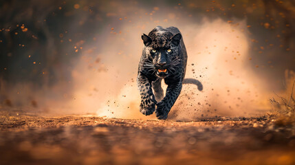 Wall Mural - powerful and fierce black leopard sprinting at high speed through a dusty dirt road with blurred mot