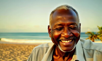 Wall Mural - Portrait video of a pleased Indonesian man in his 90s wearing a simple tunic against a beach background 