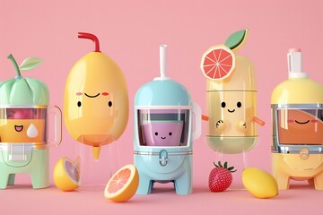 Cute cartoon style juicers, different designs, 3D render , created ai