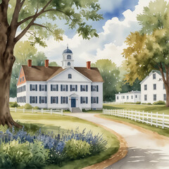 Poster - Watercolor illustration of the Canterbury Shaker Village in Canterbury, New Hampshire