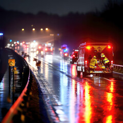 Rescue forces with helicopter and ambulance in action on the motorway. AI generative.