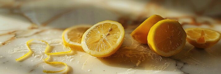 Wall Mural - Slice a ripe lemon into pieces on the table cutting the juicy yellow fruit into thin slices