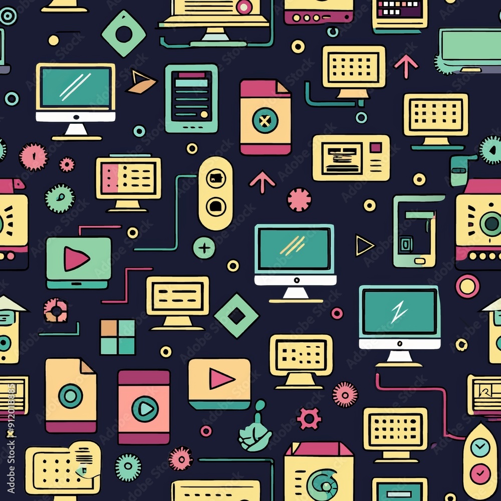 seamless pattern of computer screens and coding symbols, for tech-savvy ...
