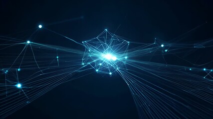 Wide shot: Glowing nodes interconnect in dark space. Camera pans across complex web-like structure. Luminous blue lines link points, creating neural network visualization.	