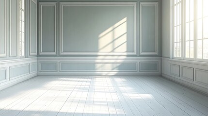 Vintage room with pastel colors, white wood floor, gray walls, and sunlight shining in, creating a nostalgic feel.