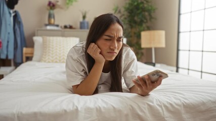 Poster - Young woman lying on bed in a home bedroom looking at her phone