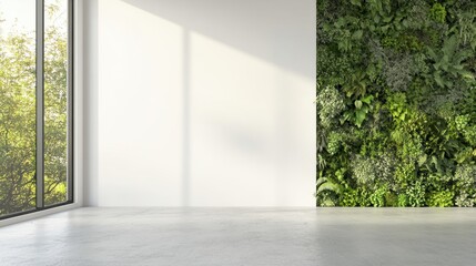 Empty room with a blank white wall and green wall garden background, perfect for interior design mockups.