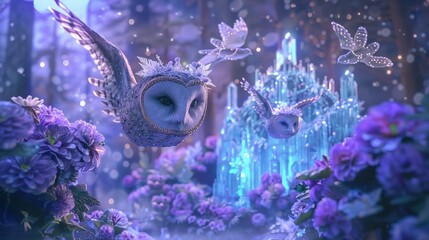 Wall Mural - an owl with its wings outstretched, soaring through a mystical forest. The crystal palace and glowing flowers below add to the enchanting ambiance, illuminated by a gentle blue light.