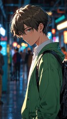 Poster - anime boy in green cardigan cartoon manga art illustration design background