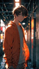 Poster - anime boy in orange cardigan cartoon manga art illustration design background