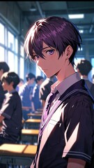 Poster - anime boy in school purple uniform cartoon manga art illustration design background