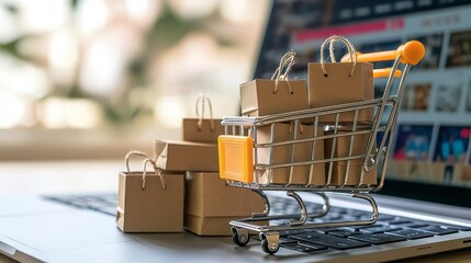 A laptop screen shows a shopping cart full of boxes