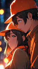 Wall Mural - anime couple in orange hat cartoon manga art illustration design background