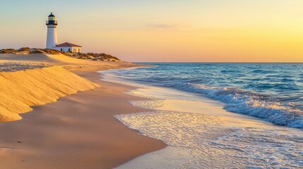 A lighthouse is on a beach with the ocean in the background