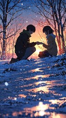 Poster - anime couple in snow cartoon manga art illustration design background 3