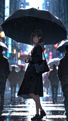 Wall Mural - anime girl in black umbrella cartoon manga art illustration design background 3