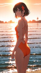 Wall Mural - anime girl in orange swimsuit on white background cartoon manga art illustration design background