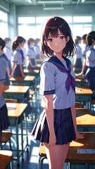 Sticker - anime girl in school purple uniform cartoon manga art illustration design background