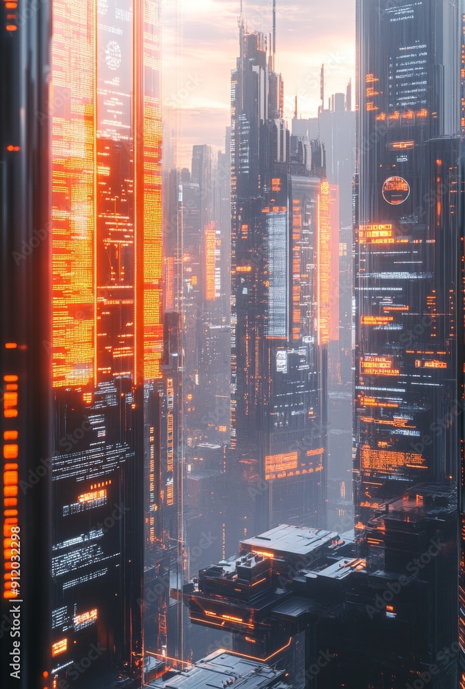 A futuristic cityscape featuring sleek skyscrapers with transparent ...