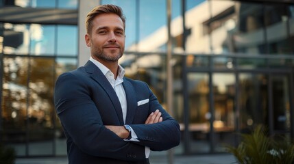 Wall Mural - A man in a suit and tie stands in front of a building with his arms crossed