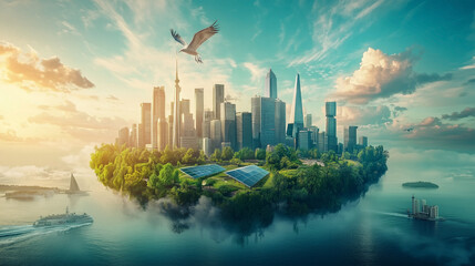 A vibrant and futuristic cityscape seamlessly integrates nature and modern architecture, featuring skyscrapers powered by renewable energy sources like wind turbines and solar panels.