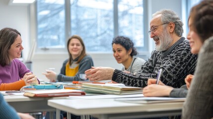 A group of adults attending a language class, engaging in interactive conversations and exercises, with books, notebooks, and digital learning tools spread across the tables in a bright classroom 